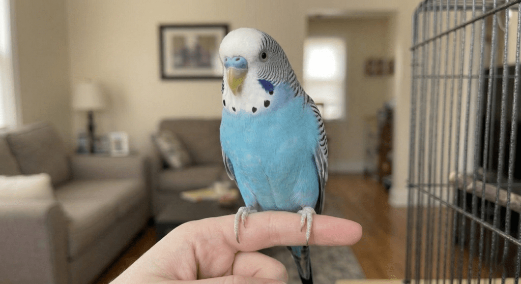 tame blue budgie stepping up to finger