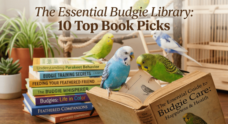 Budgies playing while owner reads a book about budgies