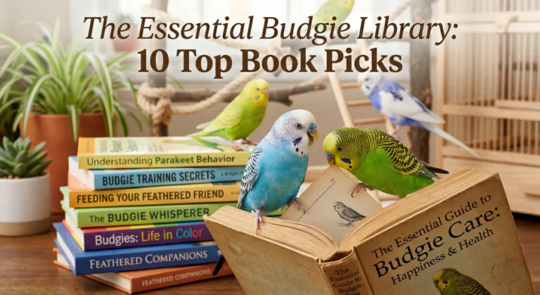 Budgies playing while owner reads a book about budgies