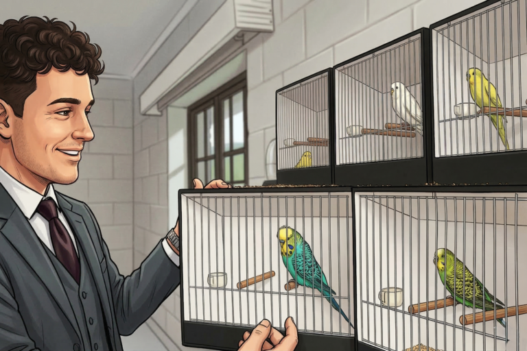 Man showing off his exhibition quality budgies